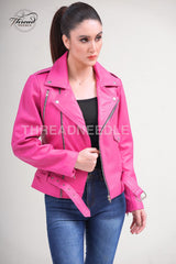 Women Slim Fit Jessica Alba Style Pink Biker Leather Jacket | Women Motorcycle Short Length Pink Leather Jacket