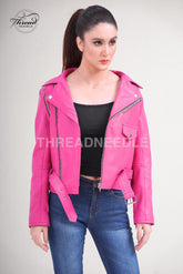 Women Slim Fit Jessica Alba Style Pink Biker Leather Jacket | Women Motorcycle Short Length Pink Leather Jacket