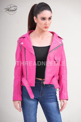 Women Slim Fit Jessica Alba Style Pink Biker Leather Jacket | Women Motorcycle Short Length Pink Leather Jacket