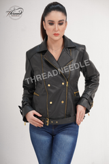 Women's Black Moto Style Genuine Leather Handmade Motorcycle Slim fit Biker Jacket