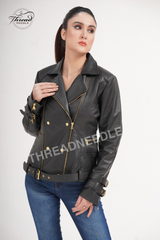Women's Black Moto Style Genuine Leather Handmade Motorcycle Slim fit Biker Jacket