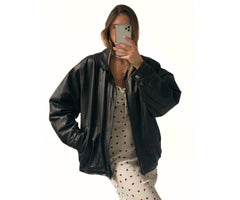 Women 90's Oversize Black Sheepskin Bomber Leather Jacket | Women Motorcycle Oversize Bomber Black Leather Jacket
