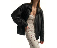 Women 90's Oversize Black Sheepskin Bomber Leather Jacket | Women Motorcycle Oversize Bomber Black Leather Jacket