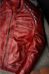 Mens Red Vintage Biker Motorcycle Real Cafe Racer Leather Jacket | Men's Dimond Classic Motorcycle Vintage Red Biker Jacket