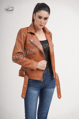 Women Slim Fit Brown Motorcycle Leather Jacket | Women Moto Style Brown Biker Genuine Leather Jacket
