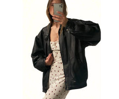 Women 90's Oversize Black Sheepskin Bomber Leather Jacket | Women Motorcycle Oversize Bomber Black Leather Jacket