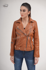 Women Slim Fit Brown Motorcycle Leather Jacket | Women Moto Style Brown Biker Genuine Leather Jacket