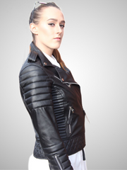 Women Slim Fit Diamond Quilted Biker Leather Jacket | Women Slim Fit Black Motorcycle Leather Jacket