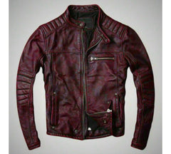 Men's Slim Fit Motorcycle Vintage Style Red Biker Leather Jacket | Men Cafe Racer Fashion Biker Leather Jacket