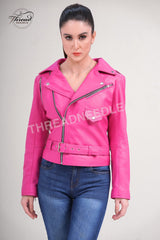 Women Slim Fit Jessica Alba Style Pink Biker Leather Jacket | Women Motorcycle Short Length Pink Leather Jacket