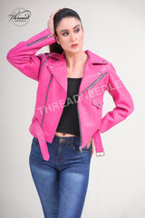 Women Slim Fit Jessica Alba Style Pink Biker Leather Jacket | Women Motorcycle Short Length Pink Leather Jacket