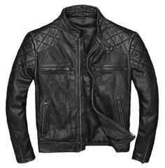 Men Slim Fit Motorcycle Vintage Black Biker Diamond Quilted Leather Jacket