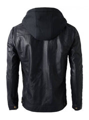 Men Hooded Genuine Leather Jacket Slim Fit Biker Jackets Motorcycle Detatchable Hood