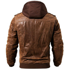 Men Vintage Distressed Brown Leather Motorcycle Jacket with Removable Hood