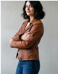 Women Slim Fit Vintage Brown Motorcycle Leather Jacket | Handmade Women Brown Sheepskin Vintage Style Biker Leather Jacket