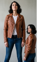 Women Slim Fit Vintage Brown Motorcycle Leather Jacket | Handmade Women Brown Sheepskin Vintage Style Biker Leather Jacket