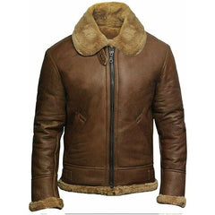 Men's Brown Fur Shearling RAF B3 Bomber Aviator Pilot Flying Leather Jacket Mens Coat