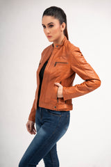 Women Slim Fit Brown Lambskin Real Leather Jacket | Women Biker Brown Vintage Style Motorcycle Leather Jacket