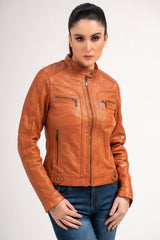 Women Slim Fit Brown Lambskin Real Leather Jacket | Women Biker Brown Vintage Style Motorcycle Leather Jacket