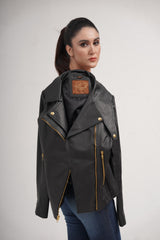 Women's Black Slim Fit Biker Lambskin Leather Designer Golden Zipper Jacket