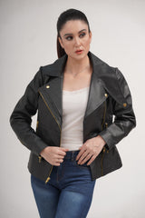Women's Black Slim Fit Biker Lambskin Leather Designer Golden Zipper Jacket