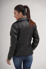 Women's Black Slim Fit Biker Lambskin Leather Designer Golden Zipper Jacket