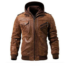 Men Vintage Distressed Brown Leather Motorcycle Jacket with Removable Hood