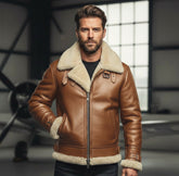 Men's Brown B3 RAF Flight Bomber Aviator Real Sheepskin Shearling Leather Jacket | Men Handmade Brown Fur Shearling RAF B3 Bomber Aviator Pilot Flying Leather Jacket