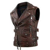 Men's Vintage Motorcycle Vest Men Genuine Cowhide Riding Sleeveless Jacket | Men's Vintage Brown Motorcycle Vest Men Genuine Leather Riding Sleeveless Jacket