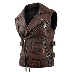 Men's Vintage Motorcycle Vest Men Genuine Cowhide Riding Sleeveless Jacket | Men's Vintage Brown Motorcycle Vest Men Genuine Leather Riding Sleeveless Jacket