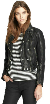 Women Slim Fit Motorcycle Leather Jacket | Women Handmade Black Vintage Style Biker Leather Jacket