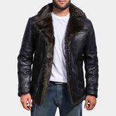 Mens Aviator Shearling Bomber Black Genuine Sheepskin Leather Jacket