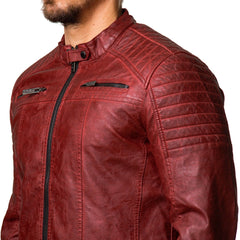 Men's Slim Fit Red Cafe Racer Motorcycle Leather Jacket | Men Vintage Style Biker Red Leather Jacket
