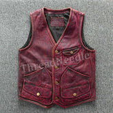 Men Vintage Style Handmade Antique Burgendy Red Biker Lether Vest | Men's Motorcycle Vintage Red Leather Vest