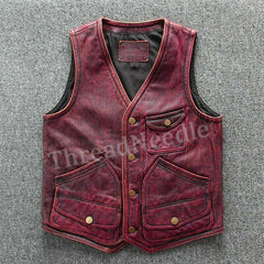 Men Vintage Style Handmade Antique Burgendy Red Biker Lether Vest | Men's Motorcycle Vintage Red Leather Vest