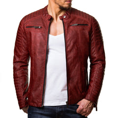 Men's Slim Fit Red Cafe Racer Motorcycle Leather Jacket | Men Vintage Style Biker Red Leather Jacket