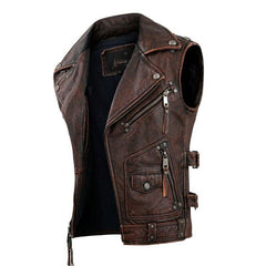 Men's Vintage Motorcycle Vest Men Genuine Cowhide Riding Sleeveless Jacket | Men's Vintage Brown Motorcycle Vest Men Genuine Leather Riding Sleeveless Jacket