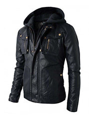 Men Hooded Genuine Leather Jacket Slim Fit Biker Jackets Motorcycle Detatchable Hood