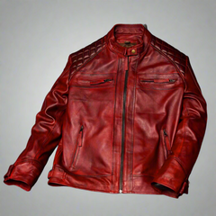 Mens Red Vintage Biker Motorcycle Real Cafe Racer Leather Jacket | Men's Dimond Classic Motorcycle Vintage Red Biker Jacket