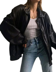Women 90's Oversized Black Bomber Leather Jacket | Women Black Vintage Motorcycle Oversized Sheepskin Leather Jacket
