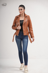 Women Slim Fit Brown Motorcycle Leather Jacket | Women Moto Style Brown Biker Genuine Leather Jacket