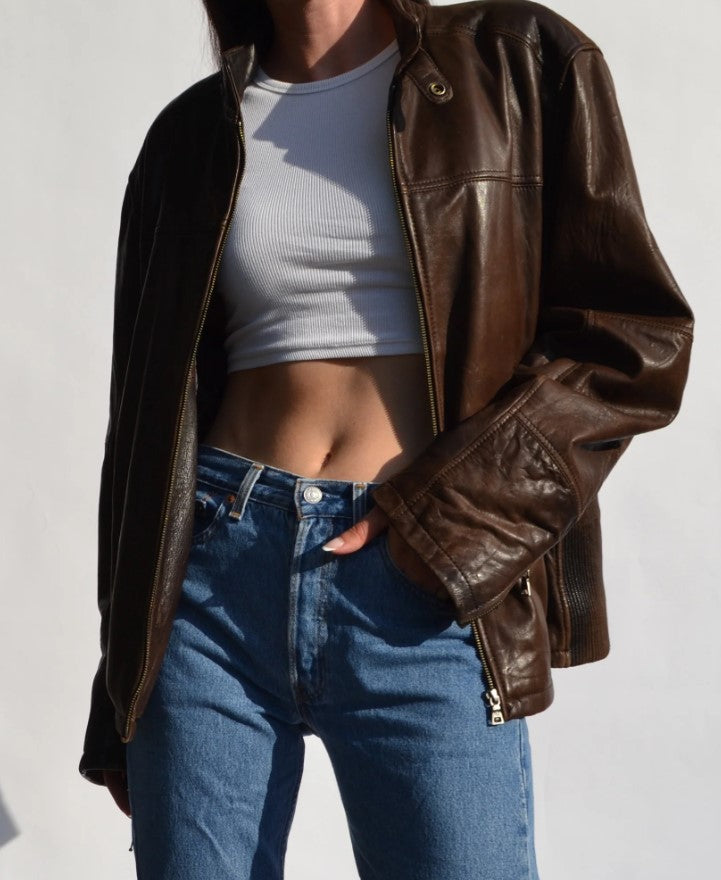 Women Oversize Fashion 90's Bomber Brown Motorcycle Leather Jacket | Women Vintage Style Brown Bomber Biker Leather Jacket