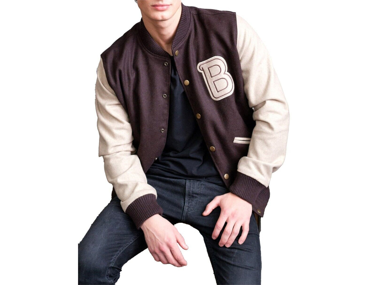 Men's Hotline Miami Flight Brown Varsity Bomber Jacket | Men Handmade Brown Baseball Wool Jacket | Men's Varsity Brown B Logo Bomber Jacket