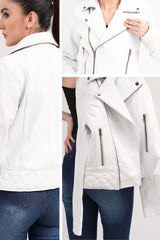 New Women Slim Fit White Motorcycle Leather JAcket | Women Designer Sheepskin Quilted White Leather Jacket