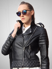 Women Slim Fit Diamond Quilted Biker Leather Jacket | Women Slim Fit Black Motorcycle Leather Jacket