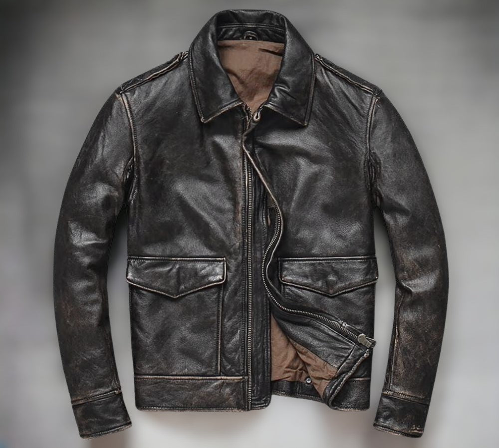 Mens Vintage A2 Bomber AIR Force Style Distressed Black Real Leather Jacket