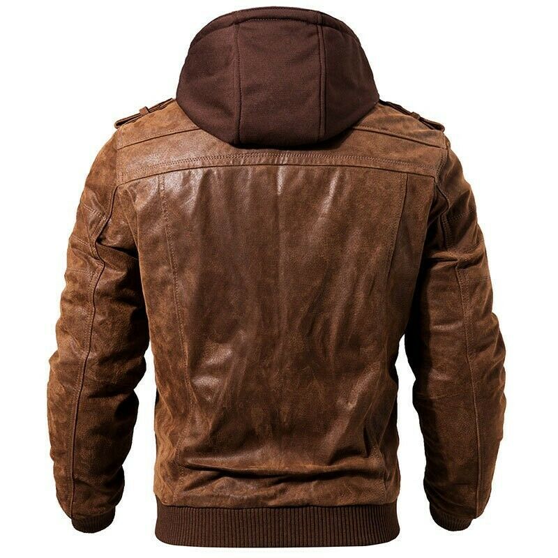 Men Vintage Distressed Brown Leather Motorcycle Jacket with Removable Hood