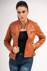 Women Slim Fit Brown Lambskin Real Leather Jacket | Women Biker Brown Vintage Style Motorcycle Leather Jacket