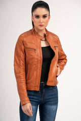 Women Slim Fit Brown Lambskin Real Leather Jacket | Women Biker Brown Vintage Style Motorcycle Leather Jacket