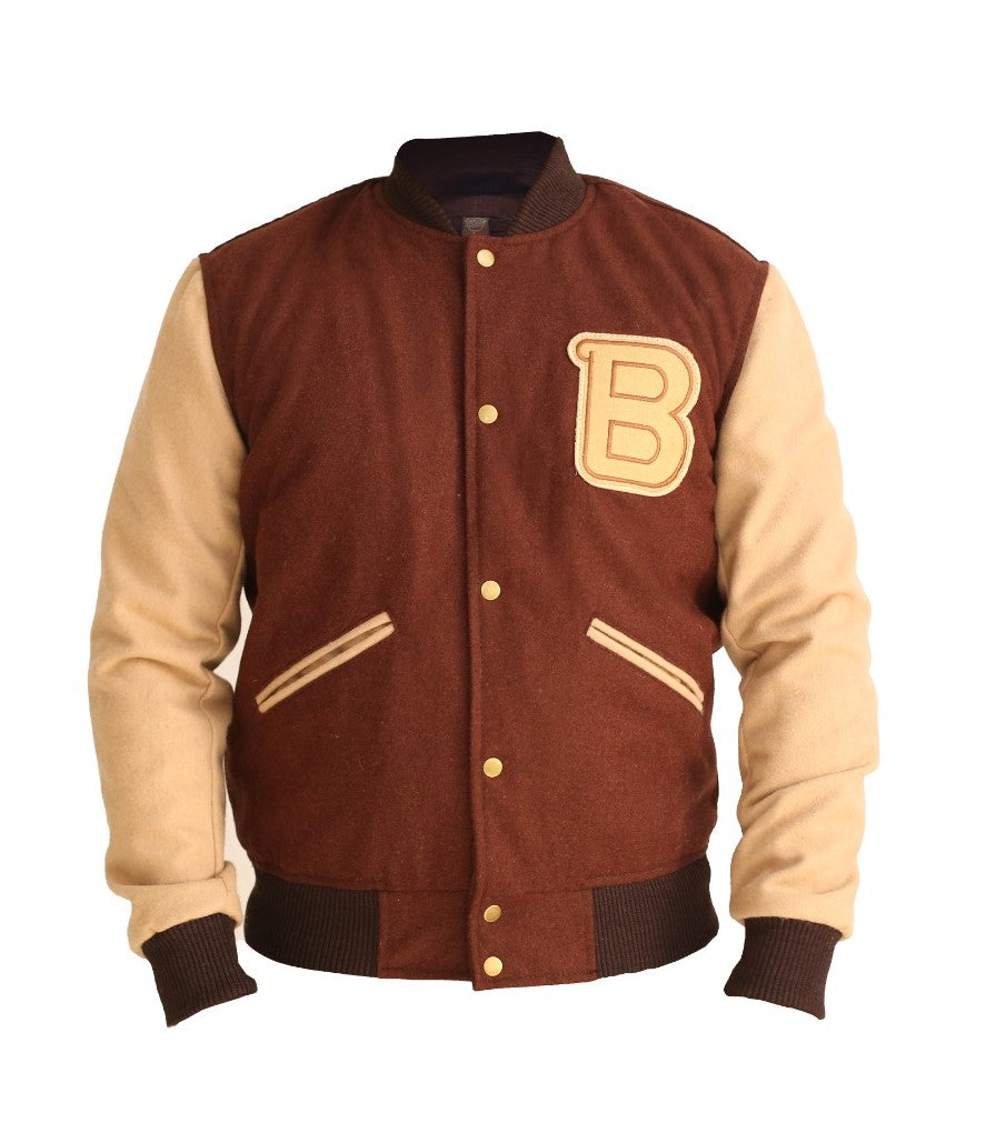 Men's Hotline Miami Flight Brown Varsity Bomber Jacket | Men Handmade Brown Baseball Wool Jacket | Men's Varsity Brown B Logo Bomber Jacket